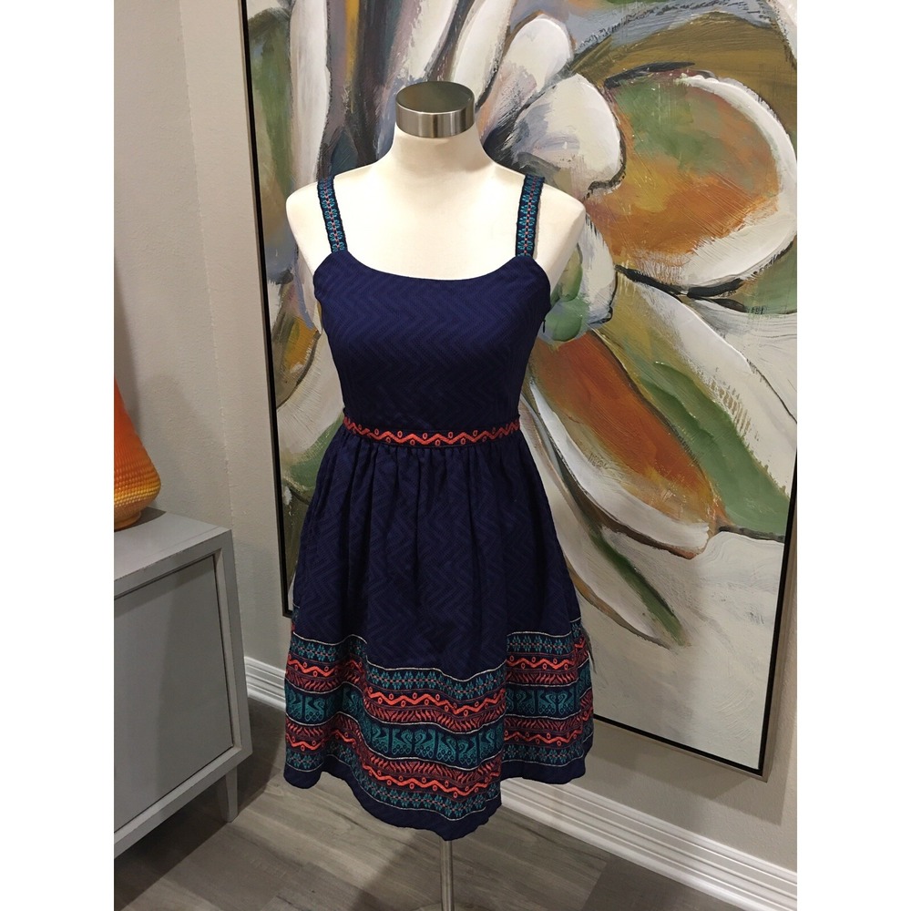 Anthropologie Anna Sui Navy Orange Embroidered Sundress Size 6 Ribbon Sash